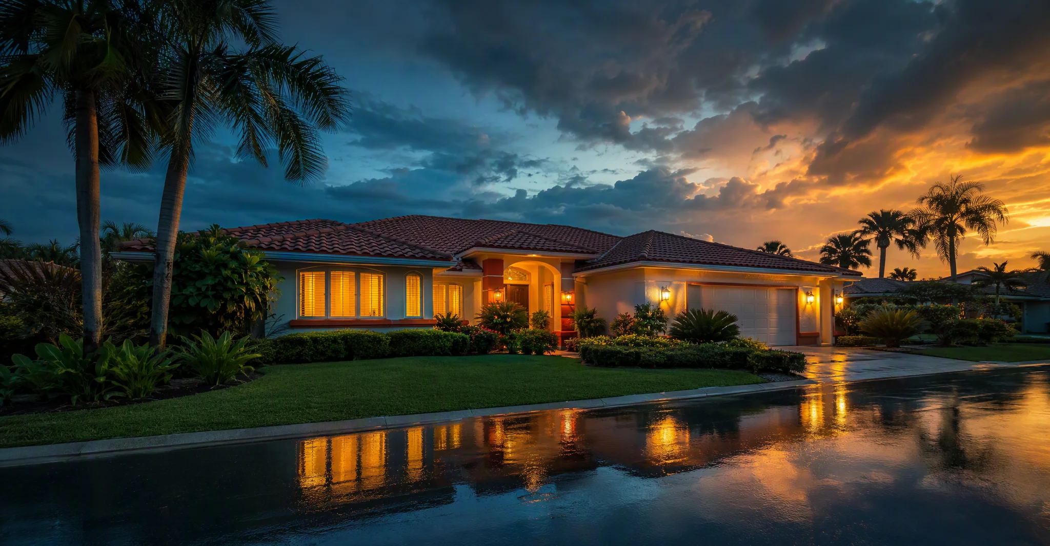 Pristine coastal Daytona Beach home at dusk after a passing storm